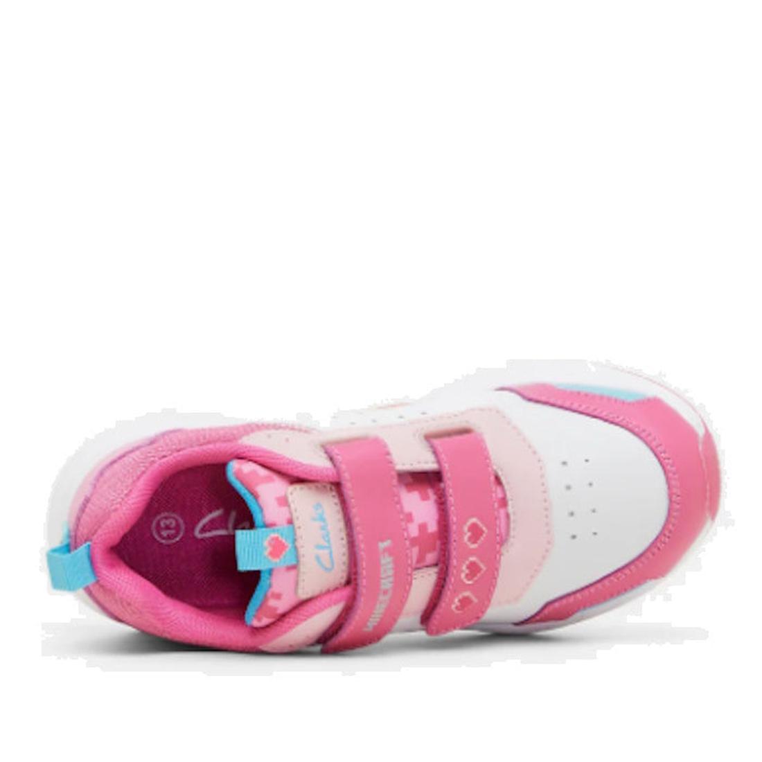 The Clarks Hendy Pink/White Minecraft Trainer Shoes are kids’ sneakers in pink and white with blue and pink accents, heart designs, two Velcro straps, a padded interior, memory foam innersole for comfort, shown from a top view., 9336078918772, 93360789187