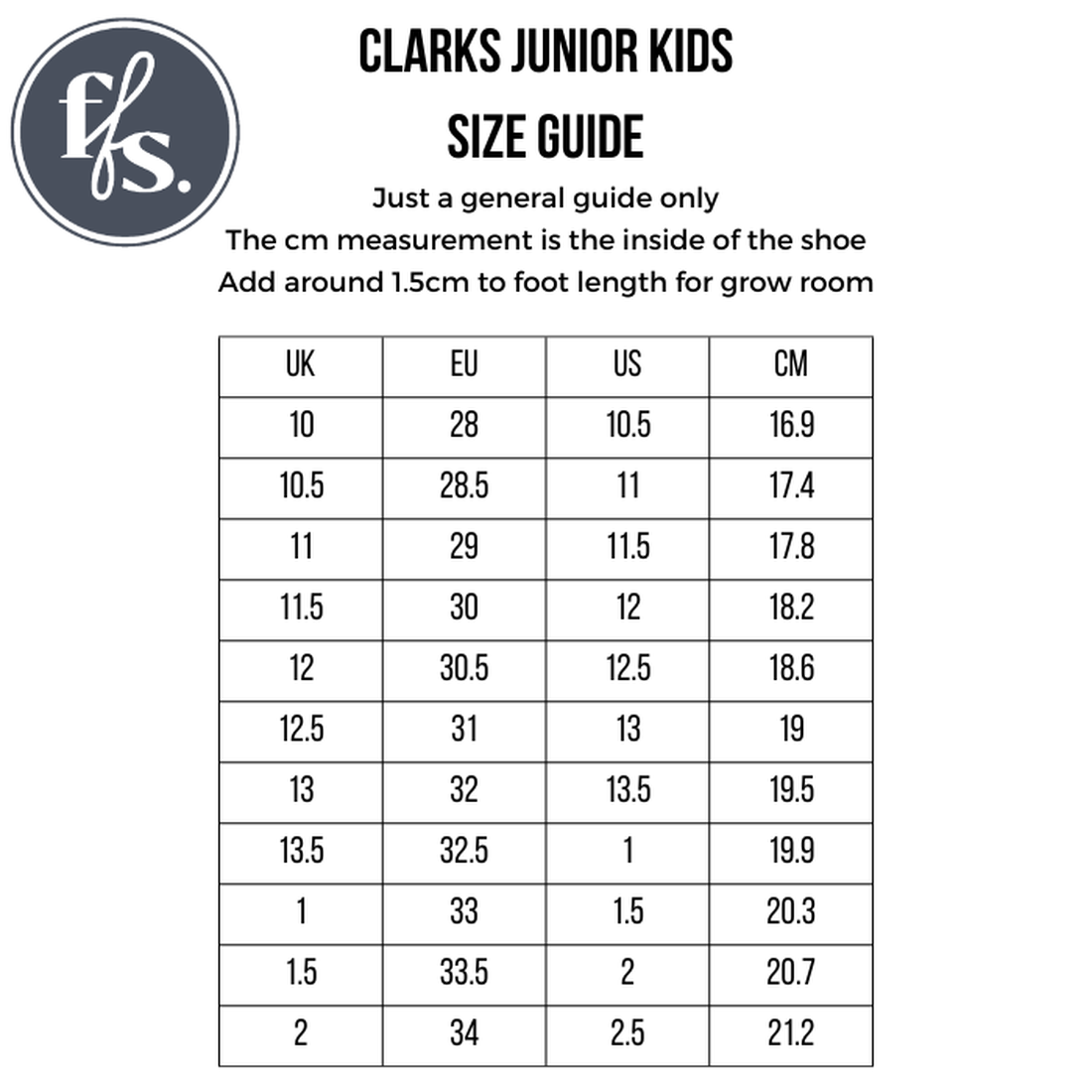 Clarks Denver Black Leather School Shoe size guide: chart shows UK, EU, US & CM measurements. Add 1.5cm to foot length for growing room. ffs logo is in the top left. Ideal for self-fastening, durable black leather school shoes., 9314300902560, 93143009026