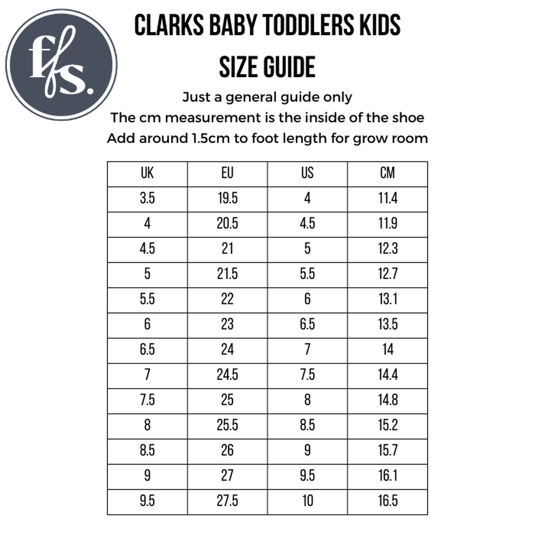 Clarks Charlie Tan Toddlers Leather Boot size guide shows UK, EU, and US sizes with internal shoe lengths in cm. Ideal for finding the right fit—just add 1.5 cm to your child's foot length for growing room., 9336078963840, 9336078963857, 9336078963864, 93