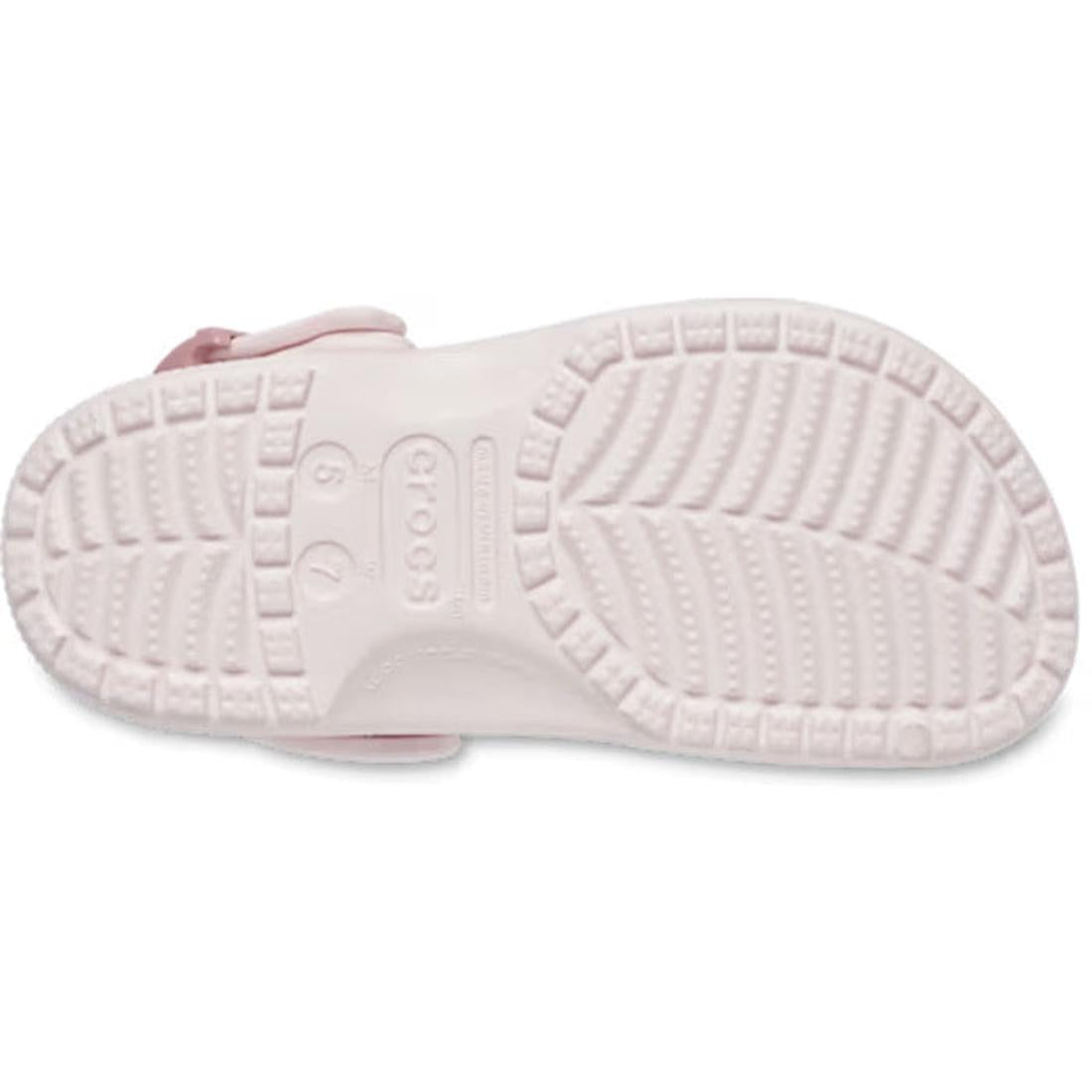 The sole of a Crocs Adults Classic Enamel Buckle Clog Bubble Ice Pink is shown from the bottom, with a textured non-slip tread made of Croslite foam and the Crocs logo plus sizing info embossed in the center., 198445416422, 198445416439, 198445416446, 198
