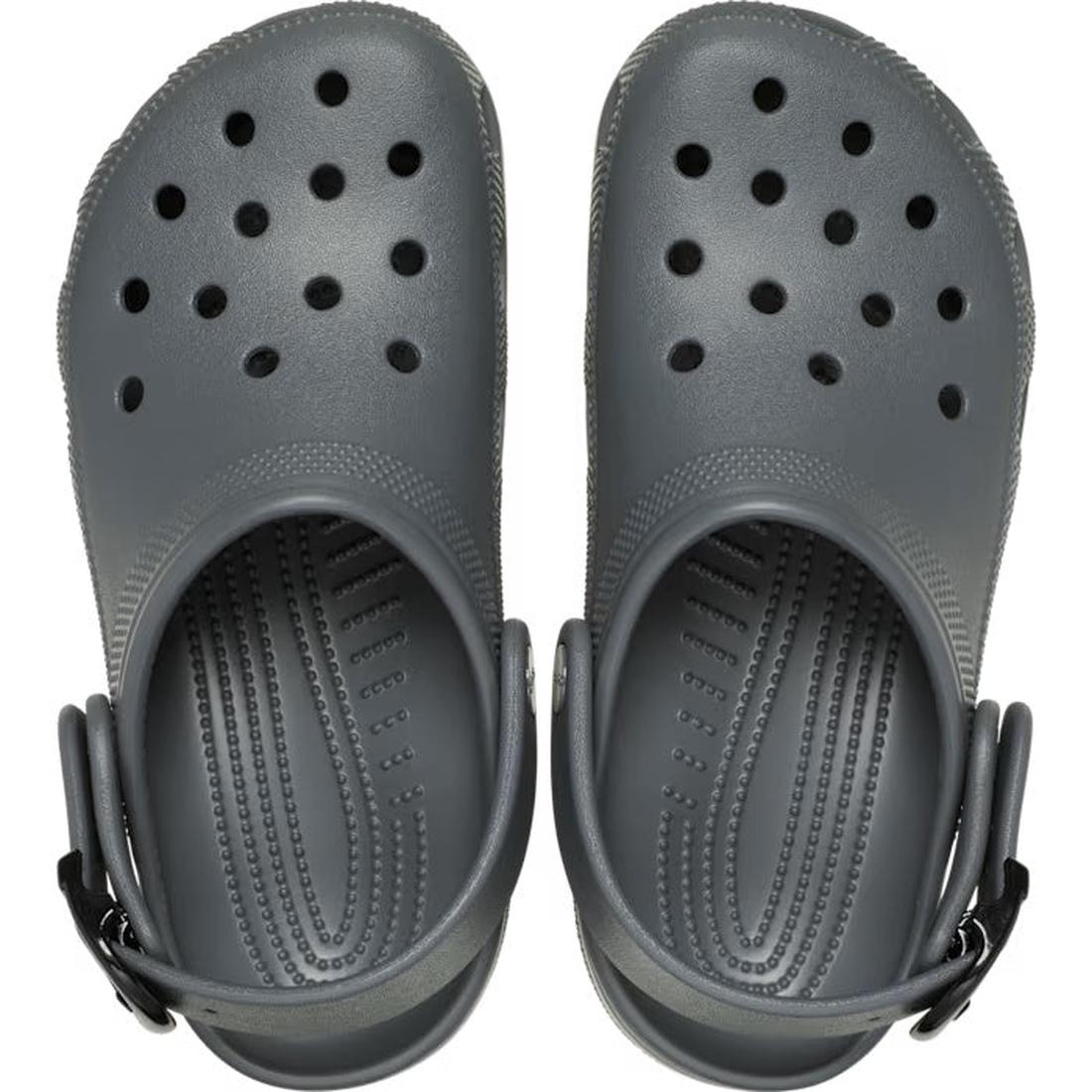 The Crocs Adults Classic Enamel Buckle Clog in Carbon Grey features ventilation holes, an adjustable backstrap, and Croslite foam construction, shown from above., 51696, 198445415715, 198445415722, 198445415739, 51700, 51701, 51696, 198445415715, 19844541
