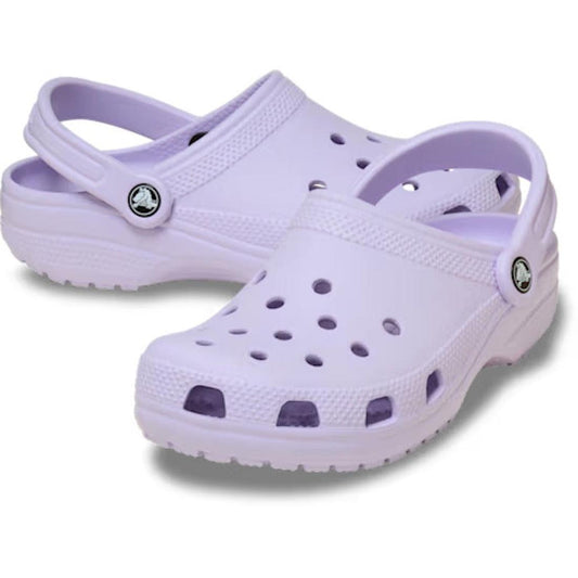A pair of Crocs Classic Clog Purple Halo Adults Unisex, showcasing ventilation holes and adjustable ankle straps for Iconic Crocs Comfort, placed on a white background.