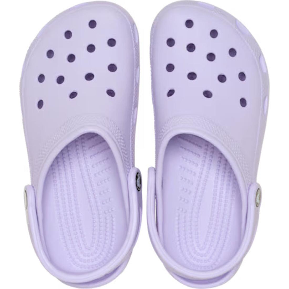 A pair of Crocs Classic Clog Purple Halo Adults Unisex, shown from above, features ventilation holes on top and adjustable heel straps for that iconic Crocs comfort., 198445490996, 198445491009, 198445491016, 198445491023, 198445491030, 198445491047, 5283