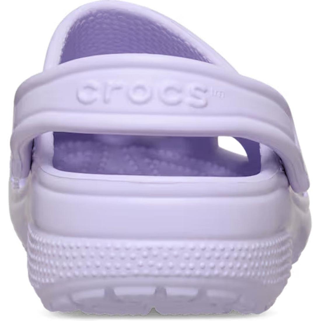 A close-up rear view of the Crocs Classic Clog Purple Halo Adults Unisex highlights its light purple hue, adjustable heel strap, textured sole, and signature Iconic Crocs Comfort for effortless steps., 198445490996, 198445491009, 198445491016, 19844549102