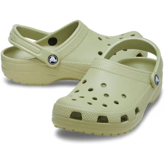 A pair of Crocs Classic Clog Tac Green Adults Unisex with ventilation holes and adjustable heel straps, designed for comfort, placed on a white background.