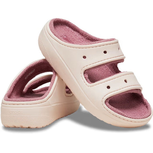 Crocs Classic Cozzzy Towel Sandal Slide Quartz Adults: cozy open-toe slip-ons in beige, mauve-pink terry footbed, easy on/off.  ksnz