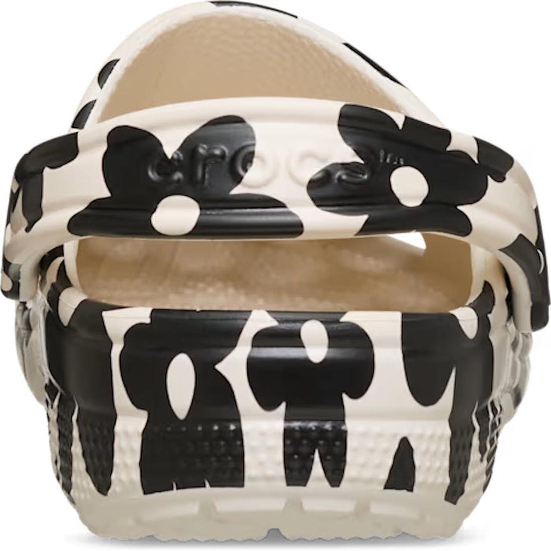 A close-up rear view of the Crocs Adults Classic Pop Petals Summit White Multi clog, featuring a black and white floral print, Crocs Comfort heel strap, and space for customizable Jibbitz charms., 52907, 198445520839, 198445520846, 198445520853, 52911, 52