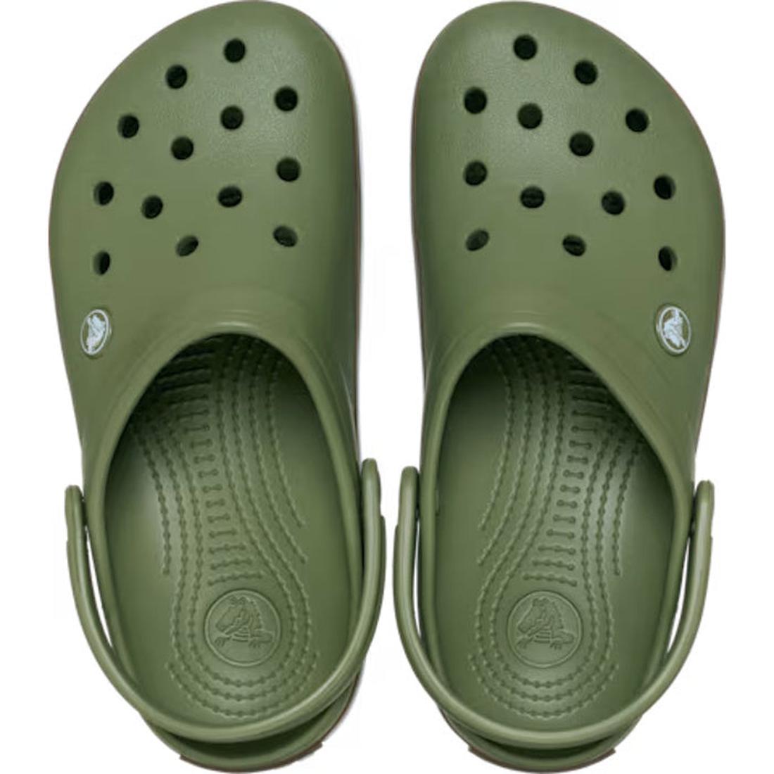 A top view of Crocs Adults Crocband Gum Clog in Cargo Green, made from Croslite foam with ventilation holes, textured insoles, and secure heel straps., 51556, 198445373183, 198445373190, 198445373206, 198445373213, 198445373220, 198445373138, 198445373145