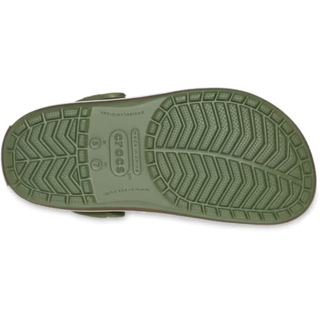 The image displays the sole of the Crocs Adults Crocband Gum Clog in Cargo Green, showcasing textured grip patterns, size markings, and a central Crocs logo—all made from lightweight Croslite foam for comfort., 51556, 198445373183, 198445373190, 198445373
