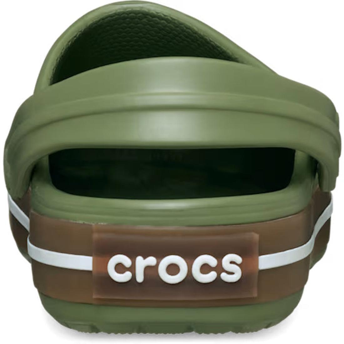 Rear view of the Crocs Adults Crocband Gum Clog in Cargo Green, featuring a brown and white gum rubber heel strap with “crocs” in white and a closed heel design for comfort and support, made from Croslite foam., 51556, 198445373183, 198445373190, 19844537