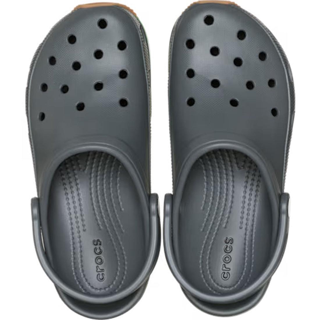 The Crocs Adults Crocband Runner Carbon with Gum Sole are classic dark gray clogs seen from above, featuring a sporty design, top ventilation holes, adjustable heel straps, and lightweight cushioning for all-day comfort., 51528, 198445411809, 198445411816