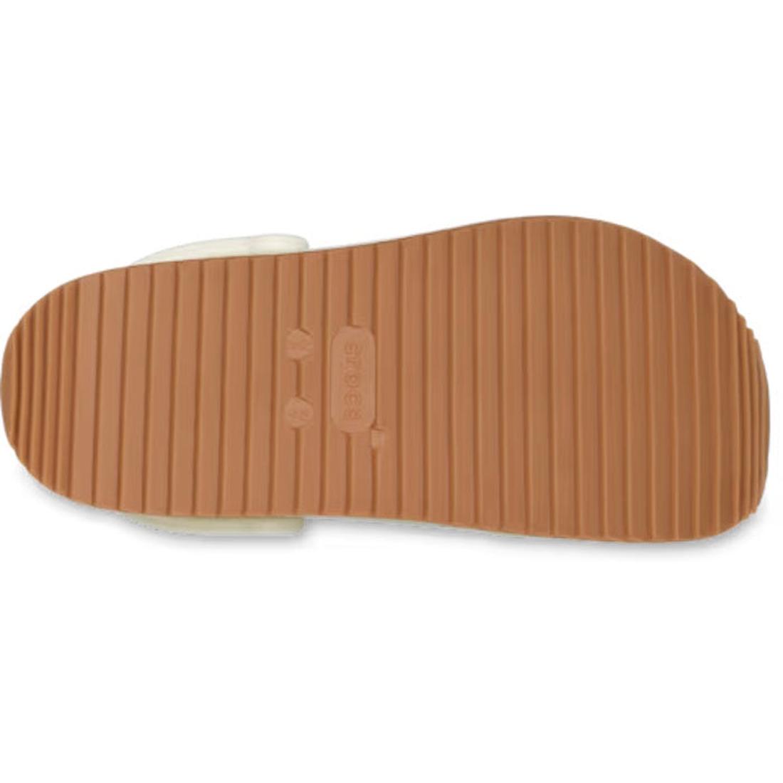 The image shows the bottom view of a Crocs Adults Crocband Runner Summit White shoe sole, featuring a ribbed, textured brown tread and the Crocs logo embossed in the center, reminiscent of retro sneakers with lightweight cushioning., 198445412417, 1984454, 198445412424, 198445412431, 198445412448, 198445412455, 198445412462, 198445412356, 198445412363, 51545