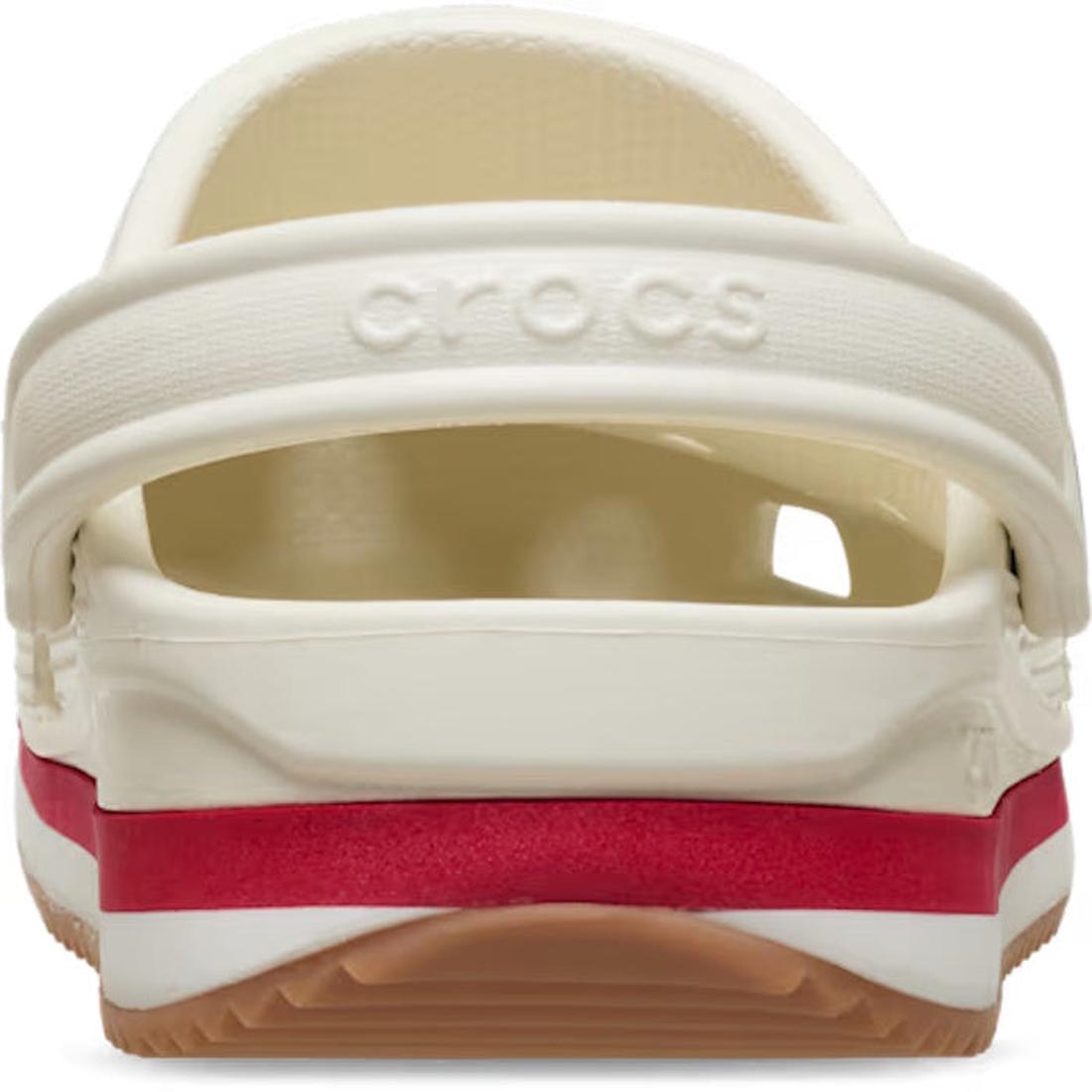 Rear view of the Crocs Adults Crocband Runner Summit White, featuring a red stripe on the sole, brown outsole, retro sneaker-inspired design, adjustable heel strap, side ventilation holes, and lightweight cushioning for comfort., 198445412417, 19844541242, 198445412424, 198445412431, 198445412448, 198445412455, 198445412462, 198445412356, 198445412363, 51545