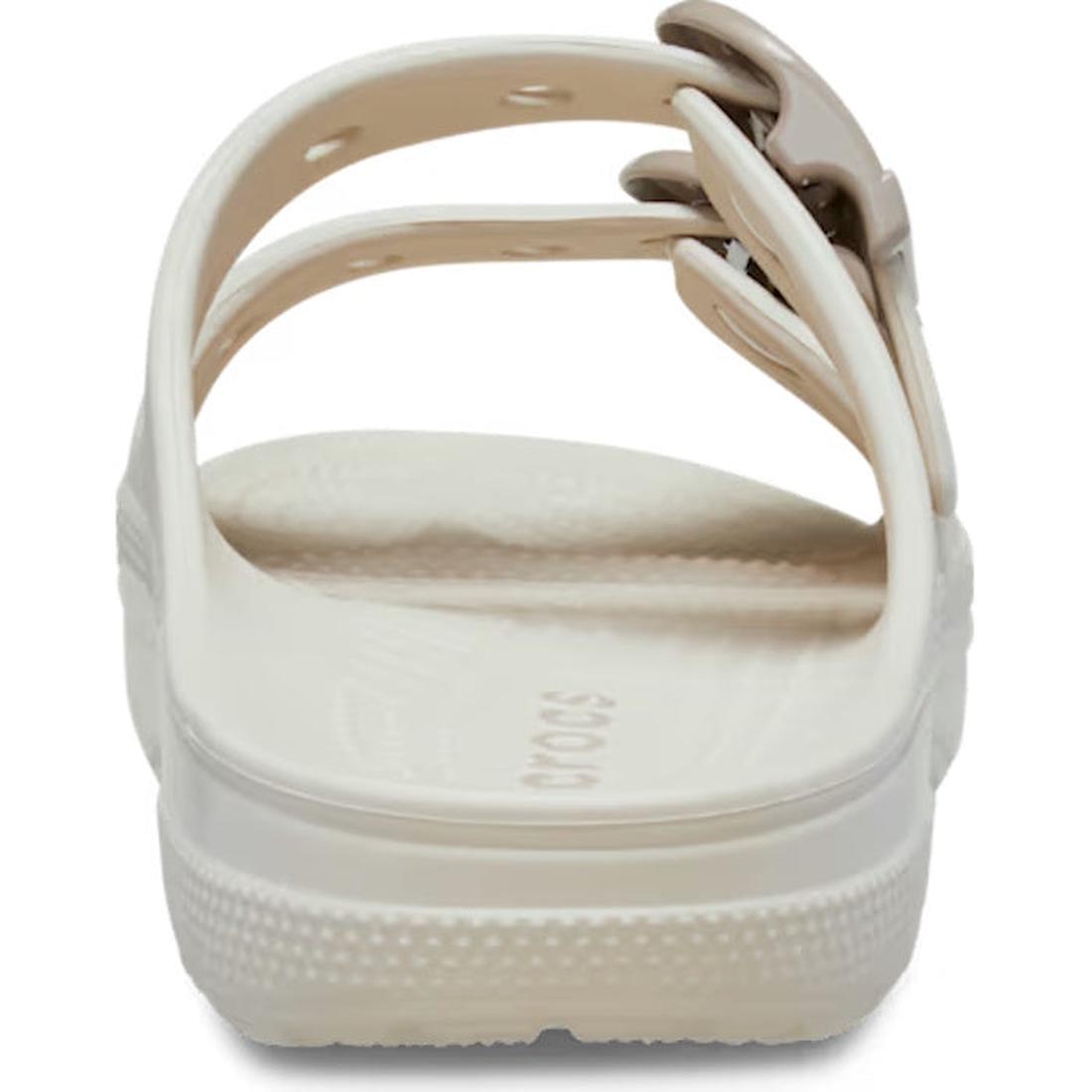 Rear view of the Crocs Womens Saturday Enamel Buckle Frappe Sandal Slide in white, highlighting two adjustable straps with enamel buckles for a personalized fit and a textured sole that provides signature Crocs comfort, displayed on a plain white backgrou