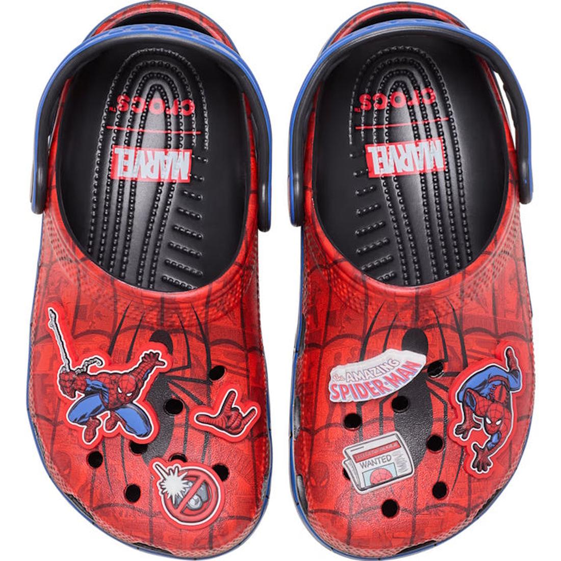 The Crocs Adults Spider-Man Web Classic Clog Red features Marvel and Spider-Man logos, web patterns, and character graphics—ideal for any Crocs collection or for customizing with fun Jibbitz charms., 198445263064, 198445263071, 198445263088, 198445263095,