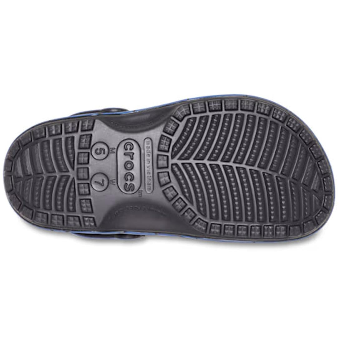 The underside of a Crocs Adults Spider-Man Web Classic Clog Red displays its textured sole with deep treads, the Crocs brand name, and size markings 5 and 7 near the heel., 198445263064, 198445263071, 198445263088, 198445263095, 198445263101, 198445263118