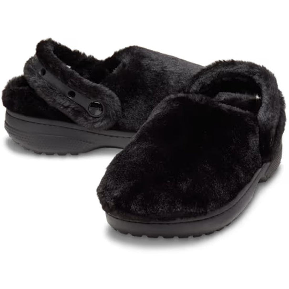 The Crocs Adults Unfurgettable Lined Clog Black Fluffy features cozy black faux fur, adjustable heel straps, and textured rubber soles in a comfy Classic Unfurgettable Clog style, shown on a white background.