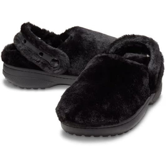 The Crocs Adults Unfurgettable Lined Clog Black Fluffy features cozy black faux fur, adjustable heel straps, and textured rubber soles in a comfy Classic Unfurgettable Clog style, shown on a white background.