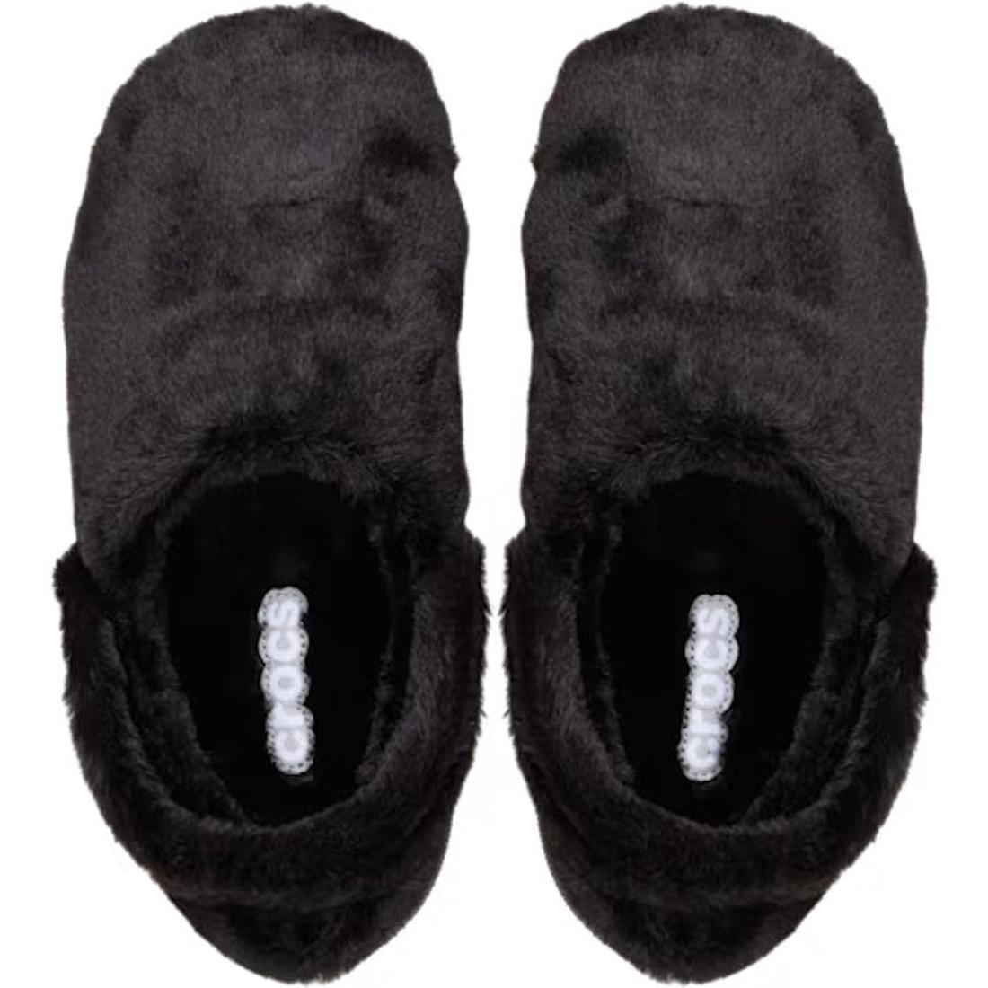 A pair of Crocs Adults Unfurgettable Lined Clog Black Fluffy slippers with visible logo on the insole, shown from above on a white background—ideal for cozy comfort and inspired by the Classic Unfurgettable Clog., 198445190681, 198445190698, 198445190704,