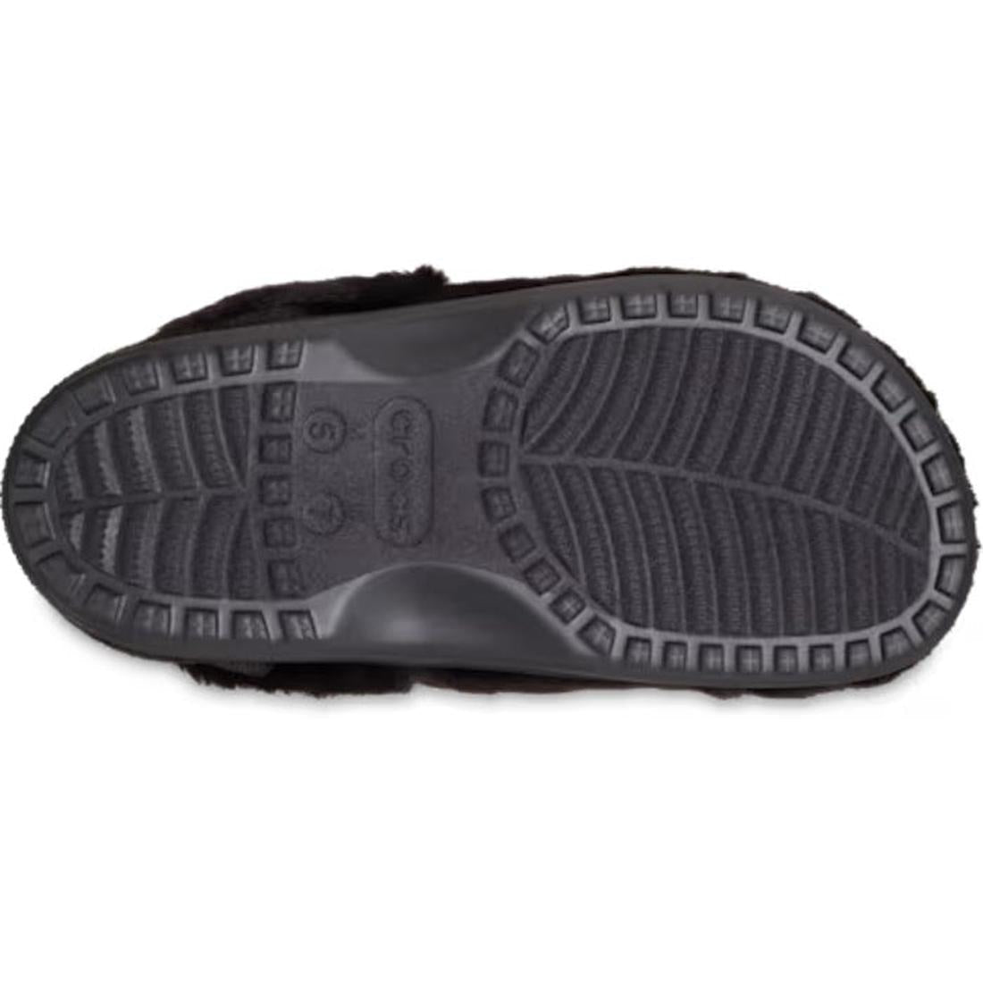 Bottom view of the Crocs Adults Unfurgettable Lined Clog Black Fluffy sole, showing a textured tread with traction grooves, size markings 6 7 8, and the Crocs logo at center for stylish, cozy comfort., 198445190681, 198445190698, 198445190704, 19844519071