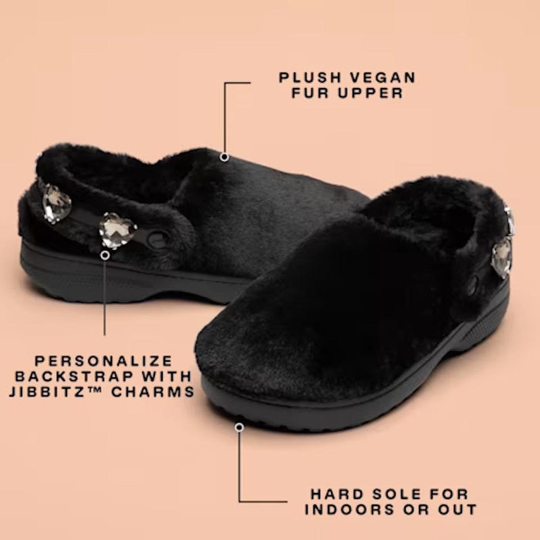 The Crocs Adults Unfurgettable Lined Clog Black Fluffy features plush faux fur, durable hard soles, and a customizable backstrap for decorative Jibbitz charms—perfect for cozy indoor or outdoor comfort. Shown on a peach background., 198445190681, 19844519