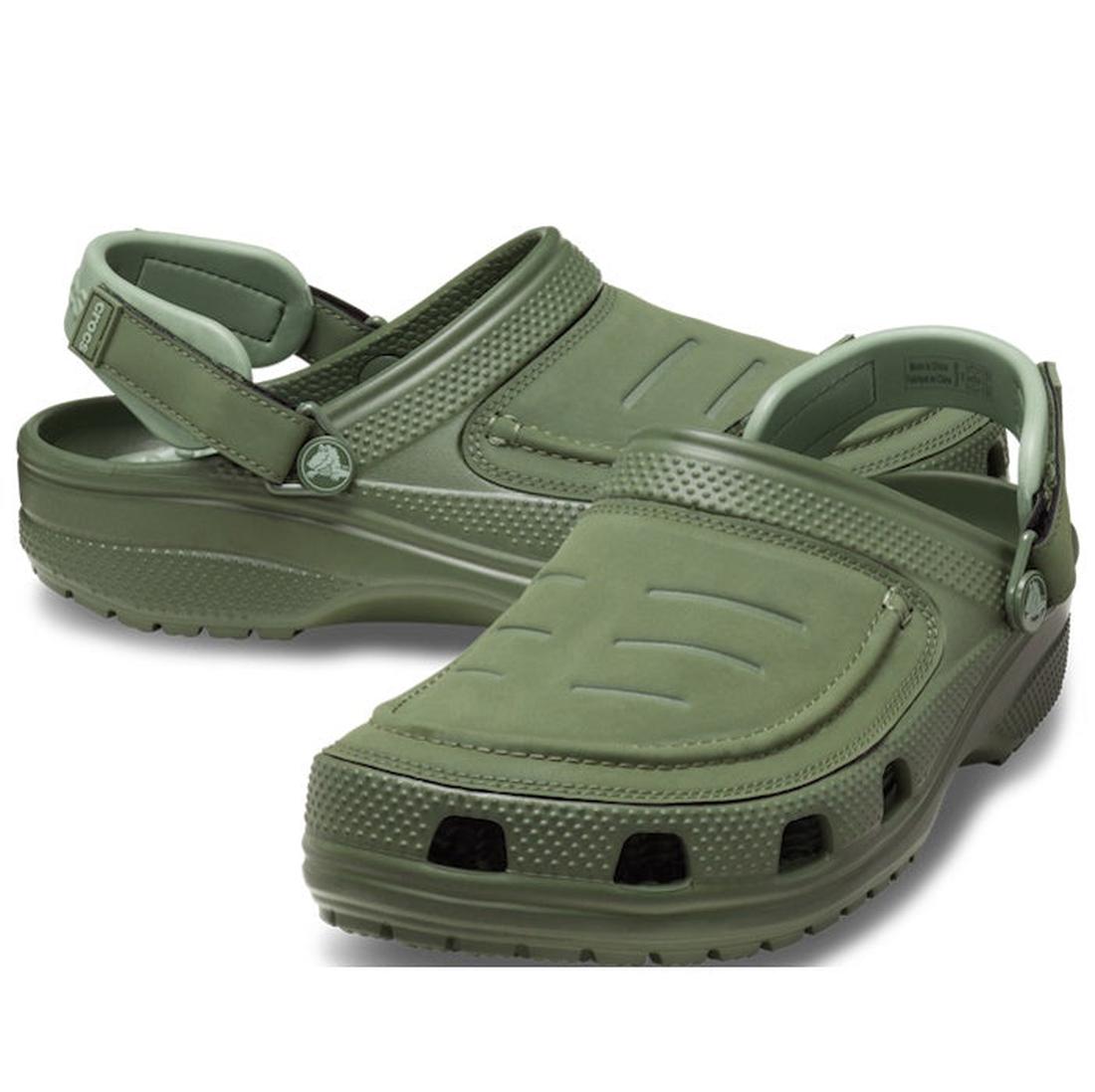 A pair of Crocs Mens Yukon Vista II LR LiteRide Clog in Army Green with textured sole, ventilation holes, heel straps, and a LiteRide foam footbed is displayed against a white background.