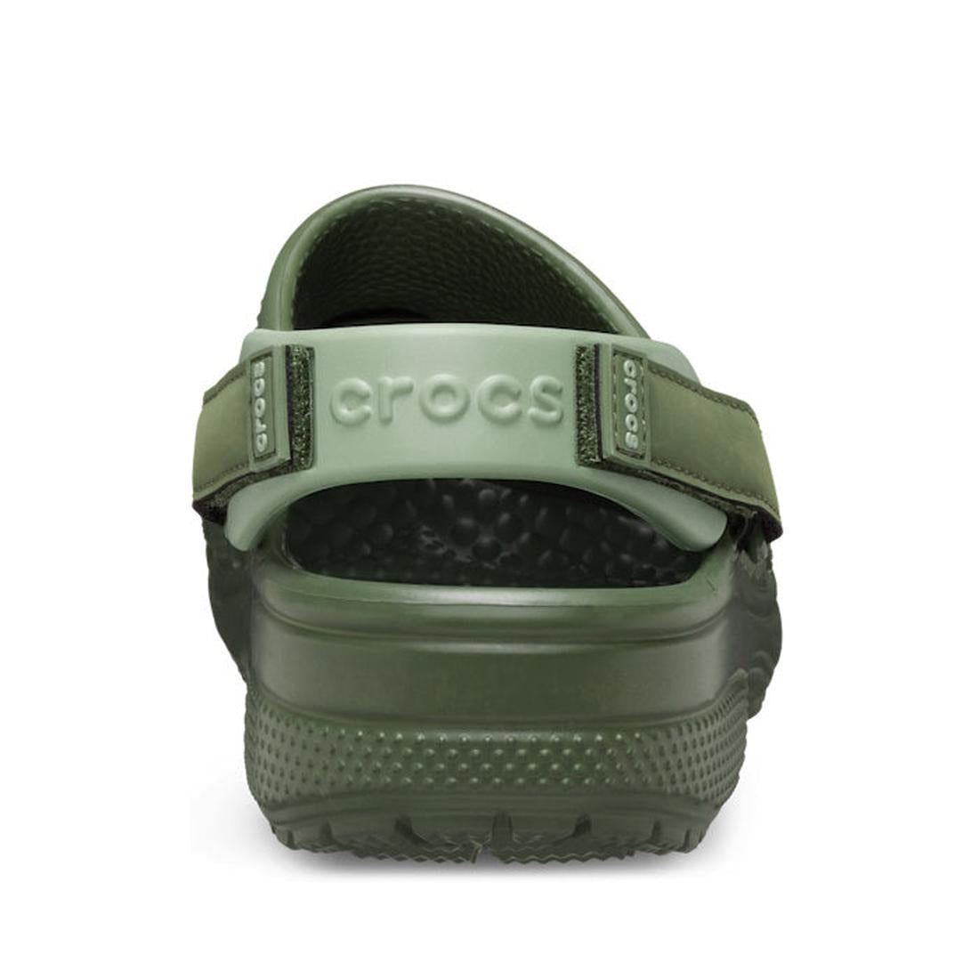 Rear view of the Crocs Mens Yukon Vista II LR LiteRide Clog in Army Green, showing faux leather uppers, a textured sole, Crocs logo heel strap, and a comfort footbed with raised dots., 48486, 48487, 198445103926, 198445103841, 198445103858, 198445103865, 