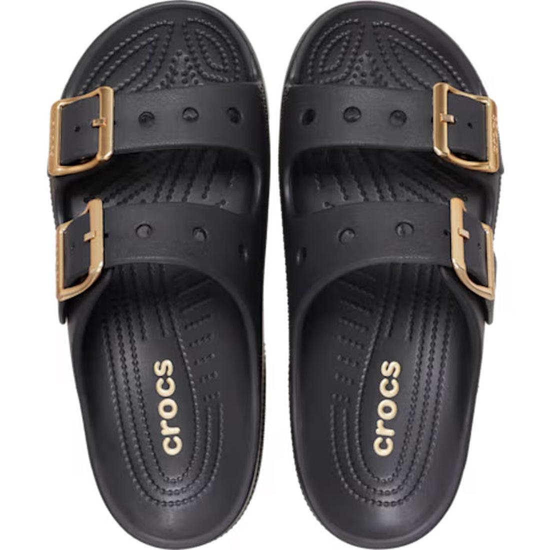 Crocs Womens Classic Metallic Buckle Saturday Sandal Slide Black features two gold adjustable straps per shoe, Crocs Comfort textured insoles, and a white “crocs” logo on the footbeds., 50021, 198445392788, 198445392795, 198445392801, 198445392818, 198445