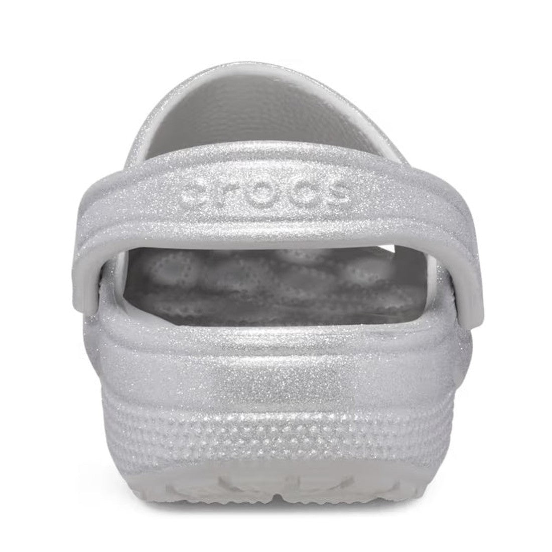 Rear view of Crocs - Classic Clog Adults Silver Glitter, showcasing the signature heel strap with Crocs logo and textured footbed—a stylish, comfortable shoe with eye-catching silver glitter., 196265542390, 196265542406, 196265542413, 196265542420, 196265