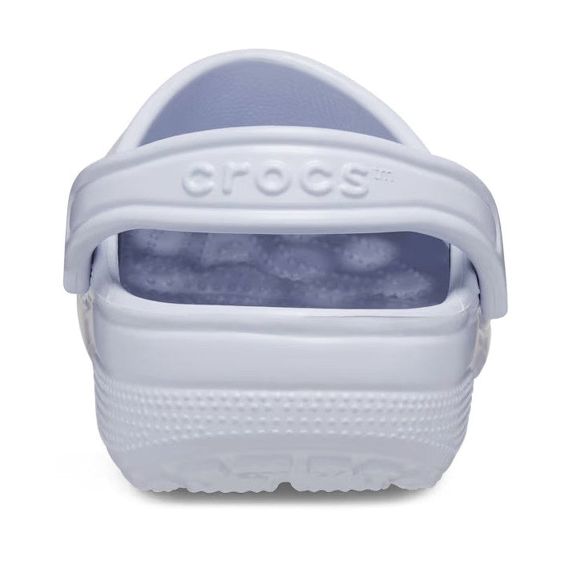 A close-up of the Crocs - Classic Clog Adults Dreamscape Purple, shown from the back with a raised heel strap featuring the Crocs logo. The timeless unisex style displays its textured sole and interior footbed for all-day comfort., 196265531806, 196265531, 196265531813, 196265531820, 196265531837, 196265531844, 196265531851, 196265531745, 196265531752, 196265531769
