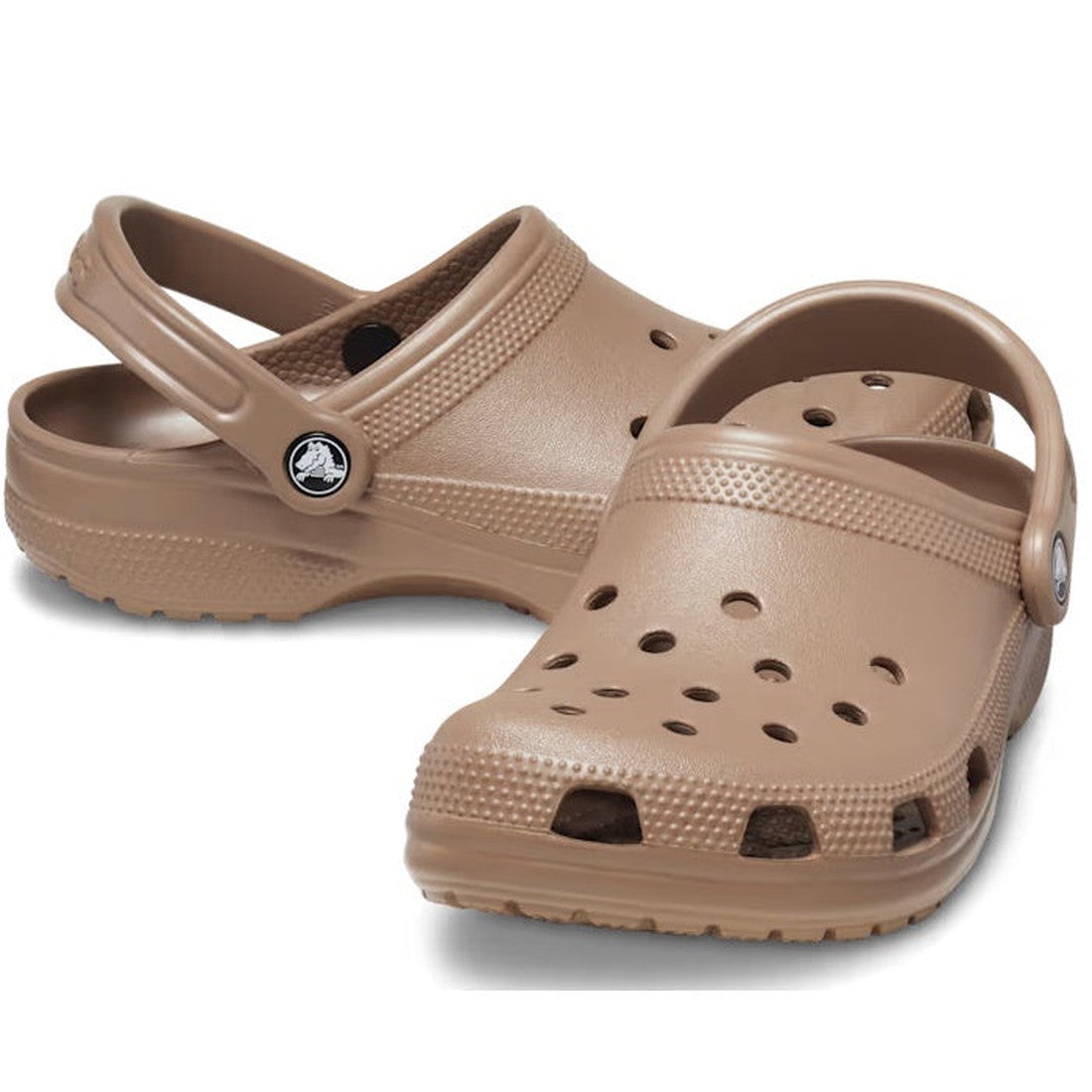 Crocs Classic Clog Adults in Latte Brown, comfy clogs for all ages with airy holes, textured soles, and secure heel straps.  ksnz