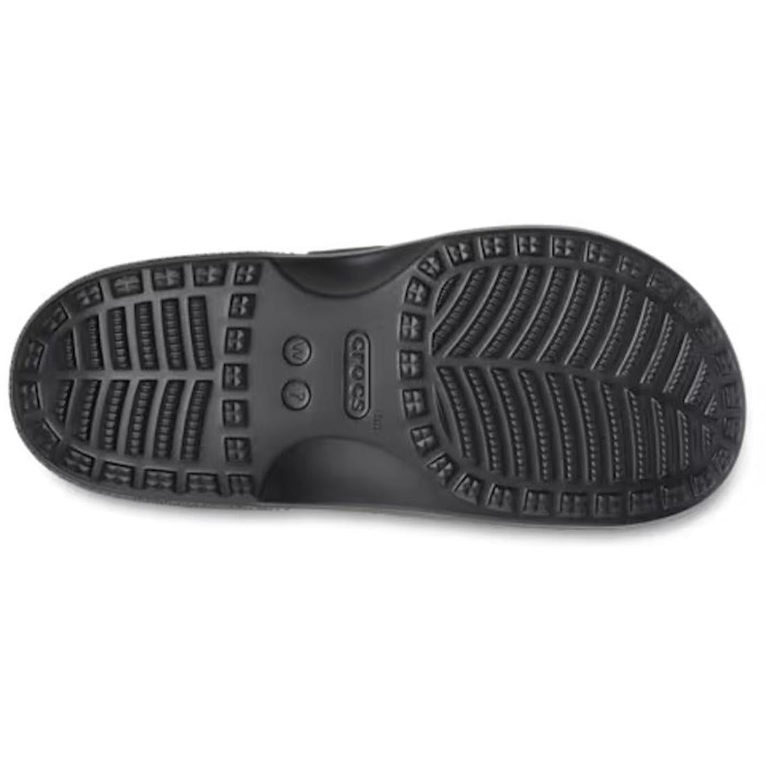 The image displays the tread pattern on the black sole of the Crocs Womens Classic Saturday Sandal Slide Black, featuring textured grooves and the Crocs logo—emphasizing comfort in these popular women’s black slide sandals., 198445397332, 198445397349, 19