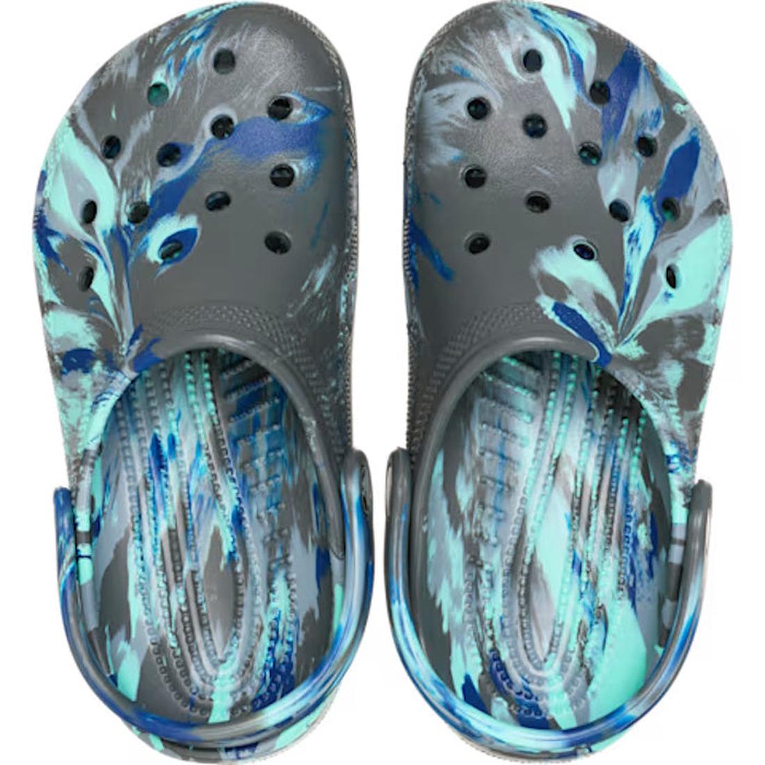 Crocs Kids Classic Clog Marbled Carbon Multi Youth clogs featuring a grey, blue, and light blue marbled pattern., 198445560187, 198445560194, 198445560200, 198445560217, 198445560224, 198445560231, 198445560248, 55008, 55009