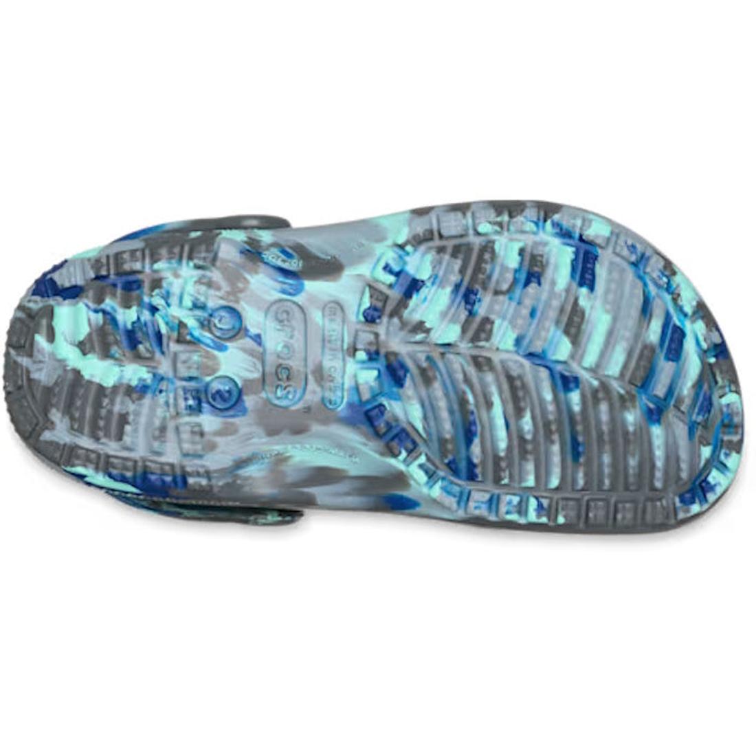 Bottom view of the Crocs Kids Classic Clog Marbled Carbon Multi Youth, featuring a blue, gray, and black marbled effect and a textured rubber sole., 198445560187, 198445560194, 198445560200, 198445560217, 198445560224, 198445560231, 198445560248, 55008, 5