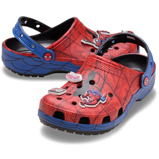 The Crocs Toddlers Spider-Man Web Classic Clog Red features web patterns, Spider-Man Jibbitz charms, and blue heels with web and mask designs for a fun Spider-Man style.