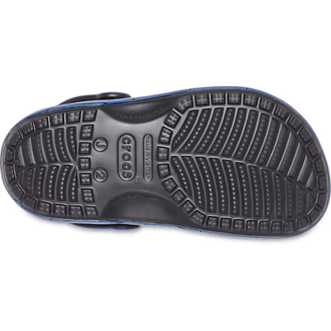 The image shows the sole of a black Crocs sandal with grippy treads and the Crocs logo—great to pair with the Crocs Kids Spider-Man Web Classic Clog Red (Junior Youth sizes) or to customize with fun Spider-Man Jibbitz Charms., 198445263125, 198445263132, 