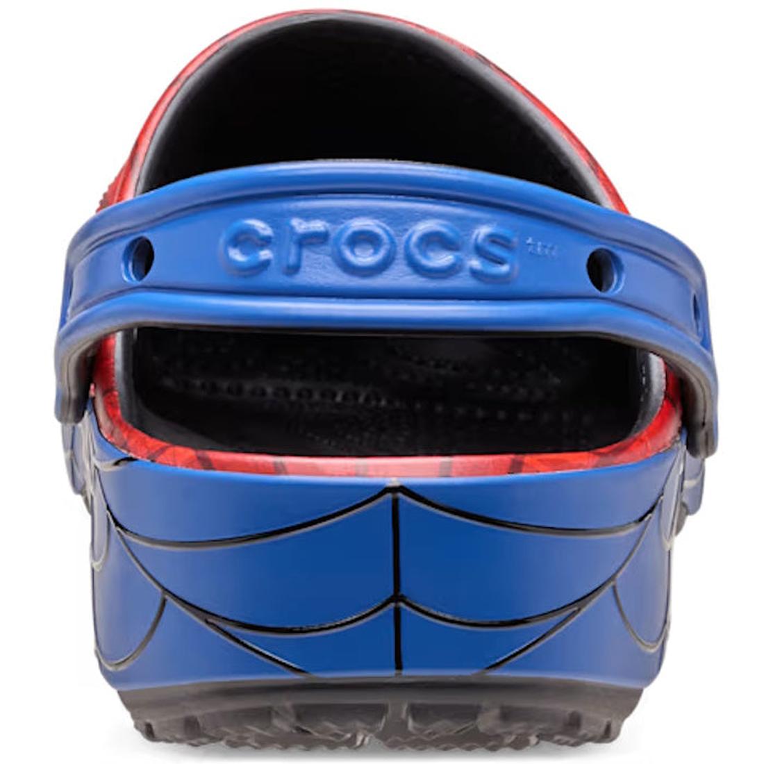 Back view of the Crocs Toddlers Spider-Man Web Classic Clog in red, featuring a heel strap, black web design details, and the Crocs logo—ideal for young Spider-Man fans seeking a fun classic clog option., 198445263248, 198445263217, 198445263255, 19844526