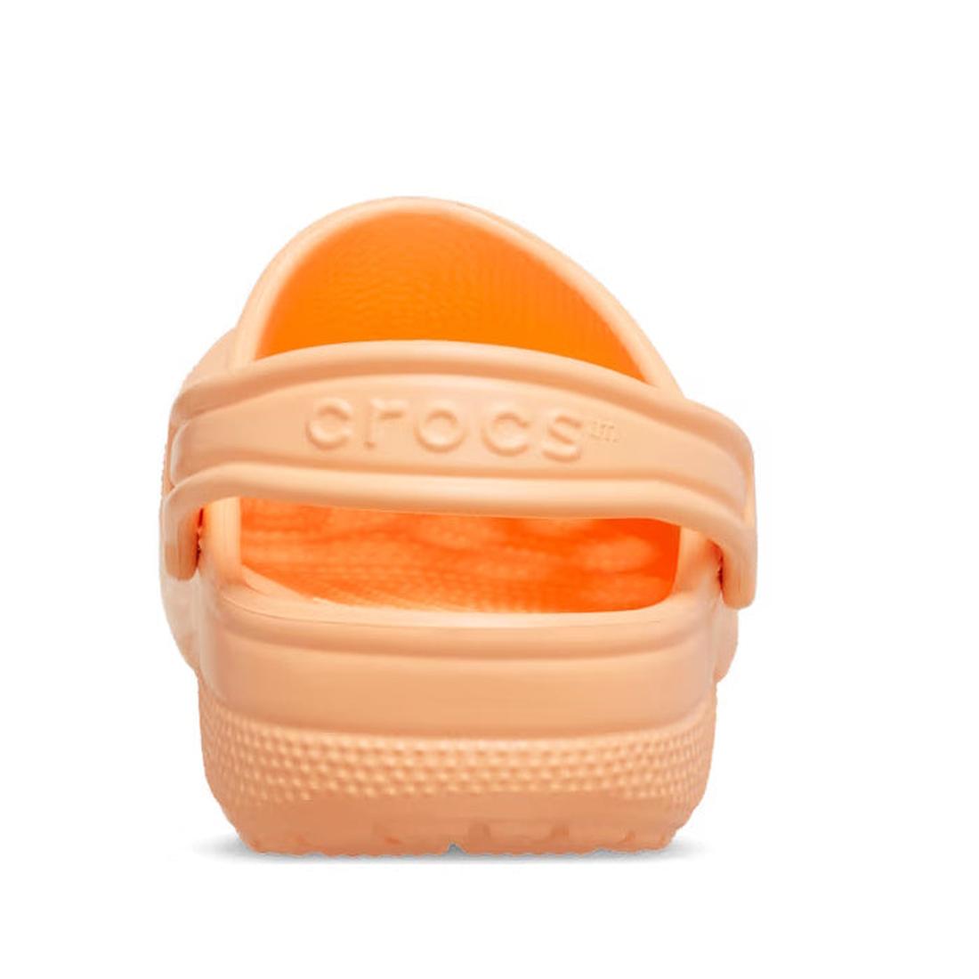 A close-up rear view of a Crocs Kids Toddlers - Classic Clog Electric Sunstone in toddler sizes, featuring the heel strap, textured footbed, and embossed Crocs logo—water-friendly and ideal for young Crocs fans., 49131, 198445270024, 198445270031, 1984452