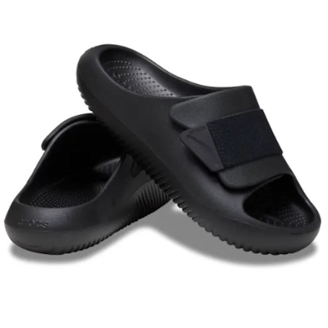 Crocs Adults Mellow Luxe Recovery Slide in black: cozy sandal with textured soles, cushy LiteRide foam, and an easy-fit adjustable strap.  ksnz