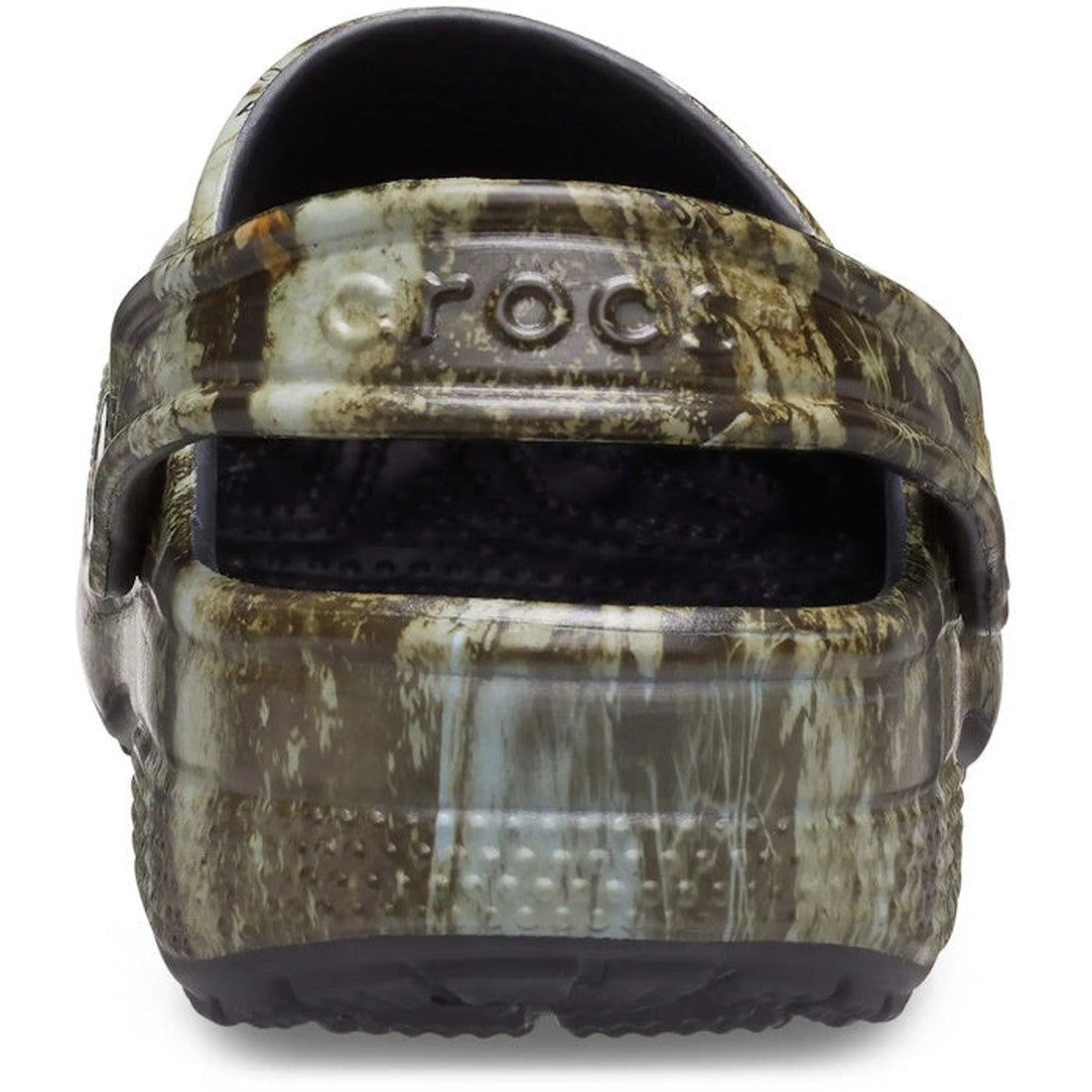 Rear view of a Crocs Classic Clog Realtree APX Adults Unisex shoe, showcasing the camo pattern, textured sole, and "Crocs" embossed above the heel strap., 196265803842, 196265803859, 196265803866, 196265803873, 196265803880, 196265803897, 196265803743, 19