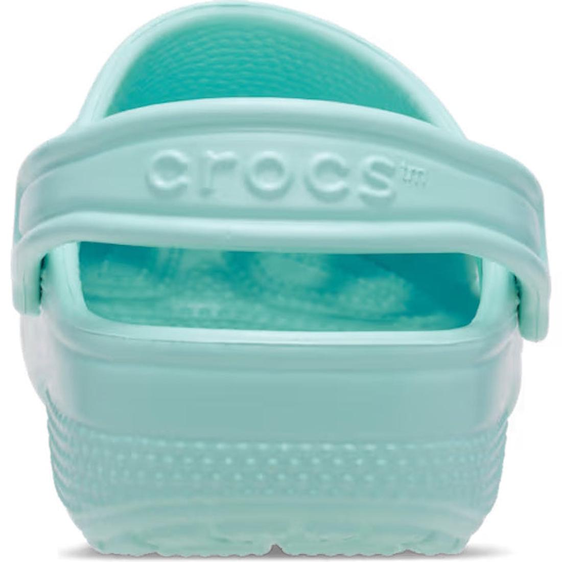 Rear view of the Crocs Toddlers Aquamarine Classic Clog, highlighting its textured sole, branded heel strap, and open back—ideal as a water-friendly sandal for little ones., 51491, 51492, 198445197758, 198445197765, 198445197772, 198445197710