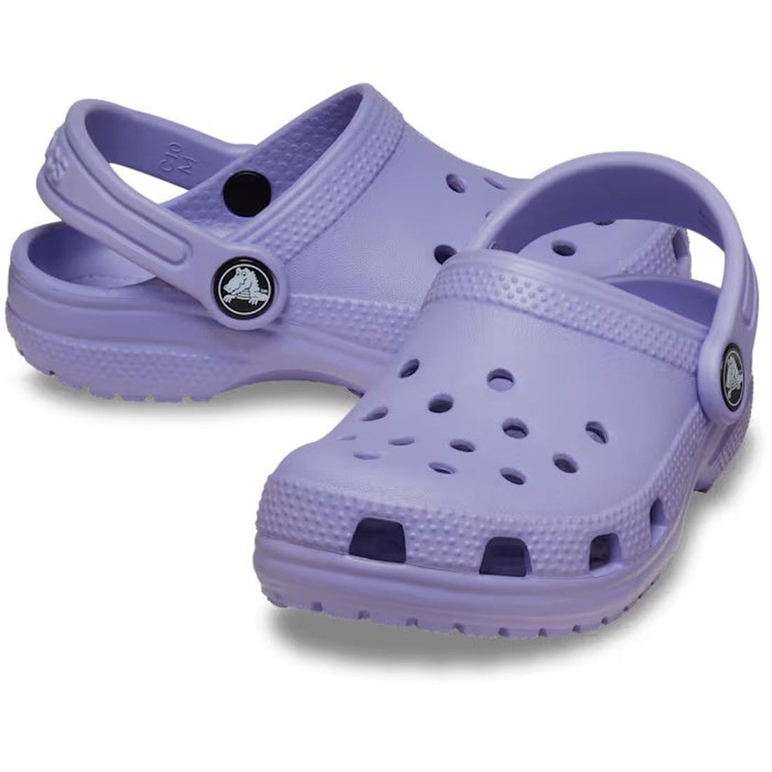 Crocs Toddlers Classic Clog in Mystic Purple—lightweight, comfy clogs with slip-resistant sole and secure adjustable heel strap.  ksnz
