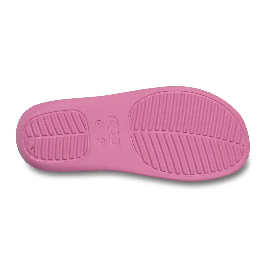 The image shows the bottom of a Crocs - Womens Getaway PLATFORM Flip Sandal in Quiet Rose Pink, featuring its textured sole pattern for enhanced grip, with the Crocs logo and size indicators visible at the center.