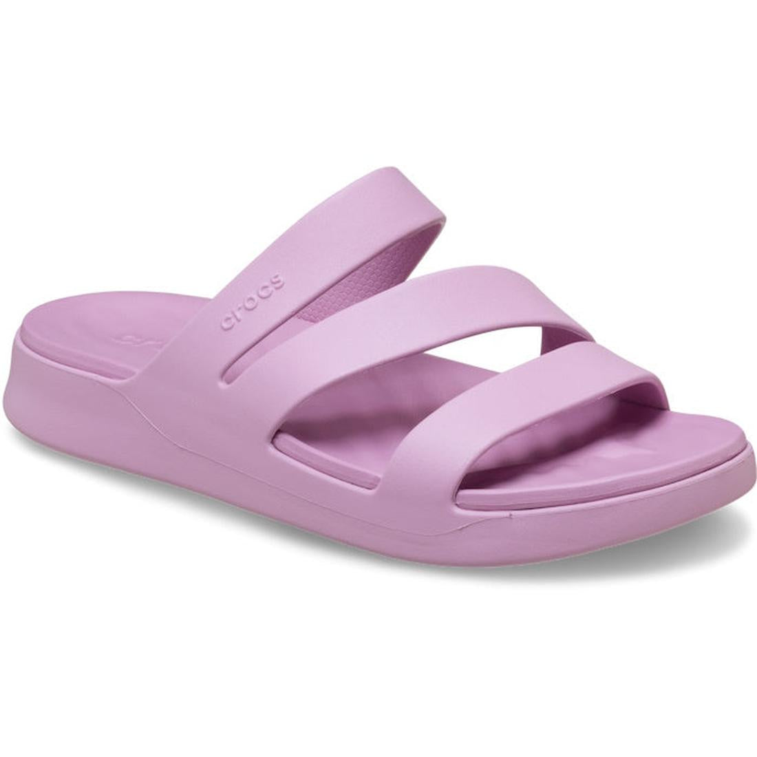 The Crocs Womens Getaway Strappy Hydrangea Purple Slide features three wide straps with Free Feel Technology, a slightly raised sole, and an embossed Crocs logo—a perfect choice for fans of women’s strappy sandals., 48493, 48494, 198445200007, 19844520001
