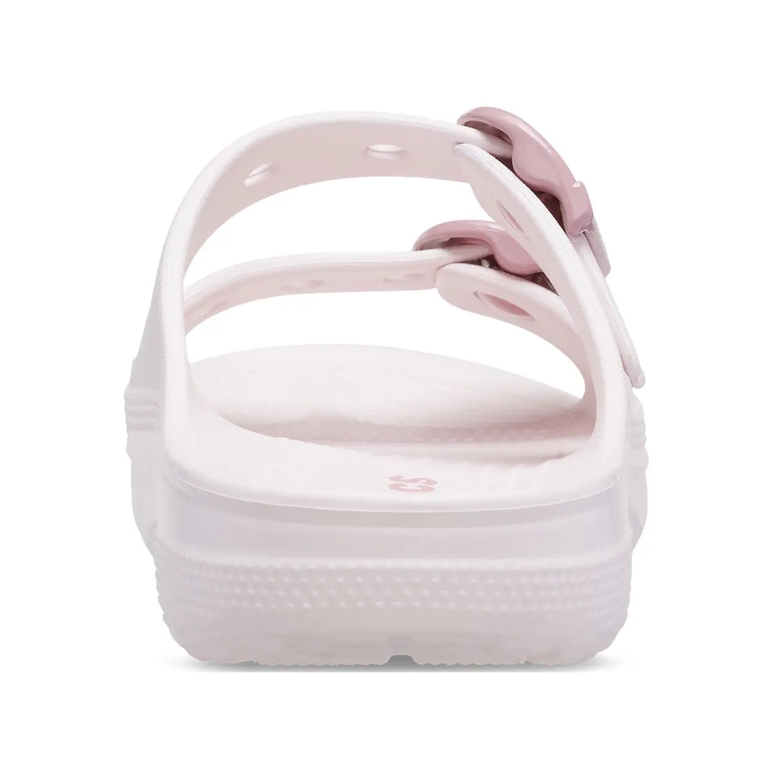 A rear view of the Crocs Womens Saturday Enamel Buckle Bubble Ice Pink Sandal Slide in white, showcasing two adjustable enamel bubble ice pink straps and a textured sole for enhanced Crocs Comfort, set against a plain white background.