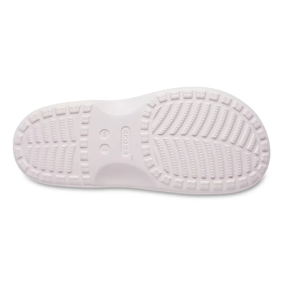 The image shows the bottom sole of a white Crocs shoe, displaying different textured tread patterns and the Crocs brand name in the center, highlighting the signature Crocs Comfort found in styles like the Crocs Womens Saturday Enamel Buckle Bubble Ice Pi