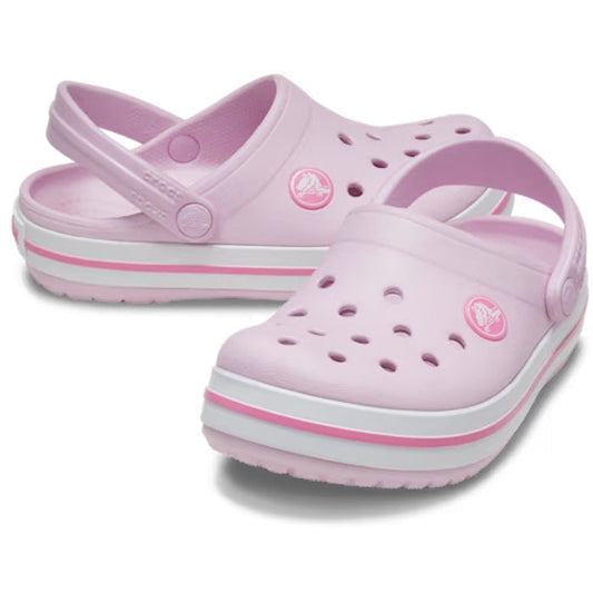 The Crocs Kids Crocband Clog Ballerina Pink Youth features white and pink striped soles and is crafted from lightweight Croslite material for all-day comfort. These clogs offer classic ventilation holes on top and pivoting heel straps to ensure a secure f