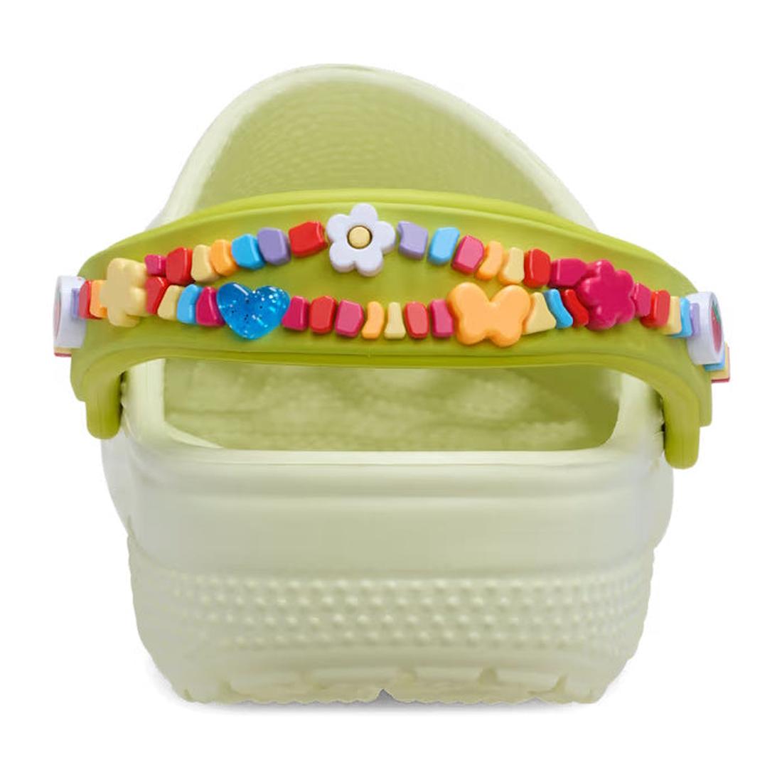Heel shot of Kids Crocs Freindship bracelet Light green clog with a colorful beaded strap on a white background.,
198445157776,
198445157783,
198445157790,
198445157806,
198445157813,
198445157820,
198445157837,, 198445157776, 198445157783, 198445157790, 