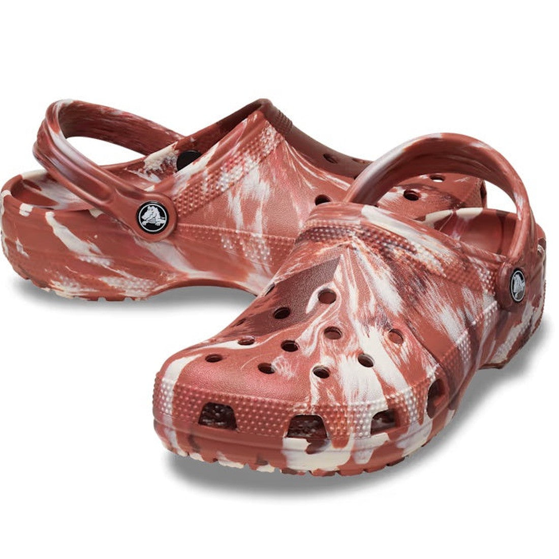 Two Crocs - Classic Marbled Clog Dark Clay Multi for adults, featuring a unique marbled pattern, ventilation holes on top, and a pivoting heel strap for unisex comfort.
