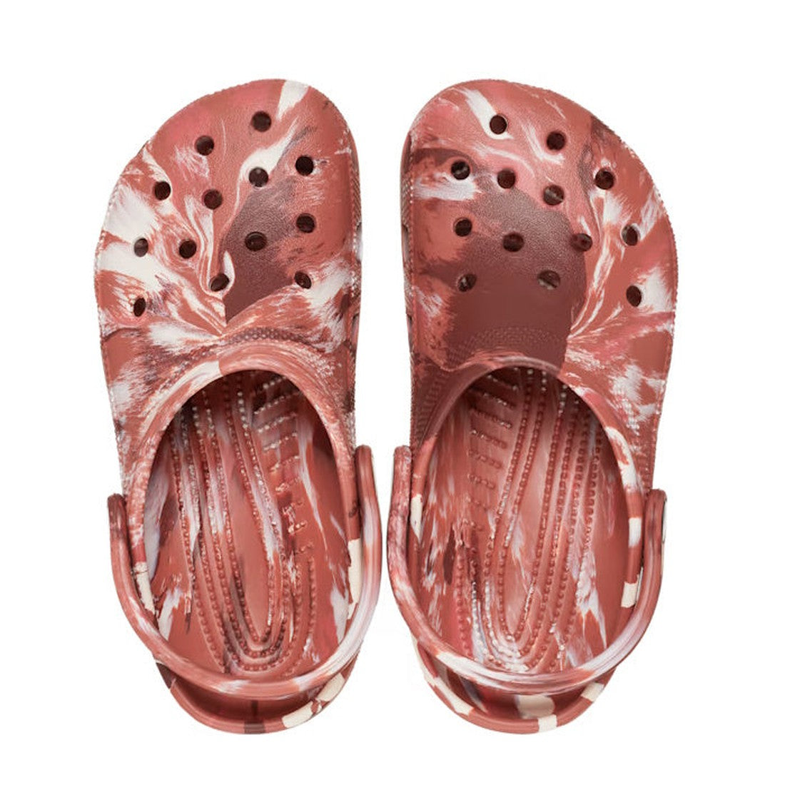 A pair of Crocs - Classic Marbled Clog Dark Clay Multi for adults, shown from above on a white background. These unisex clogs feature ventilation holes, adjustable heel straps, and combine style with comfort. Now on CLEARANCE., 196265746200, 196265746217,, 196265746224, 196265746231, 196265746248, 196265746255, 196265746149, 196265746156